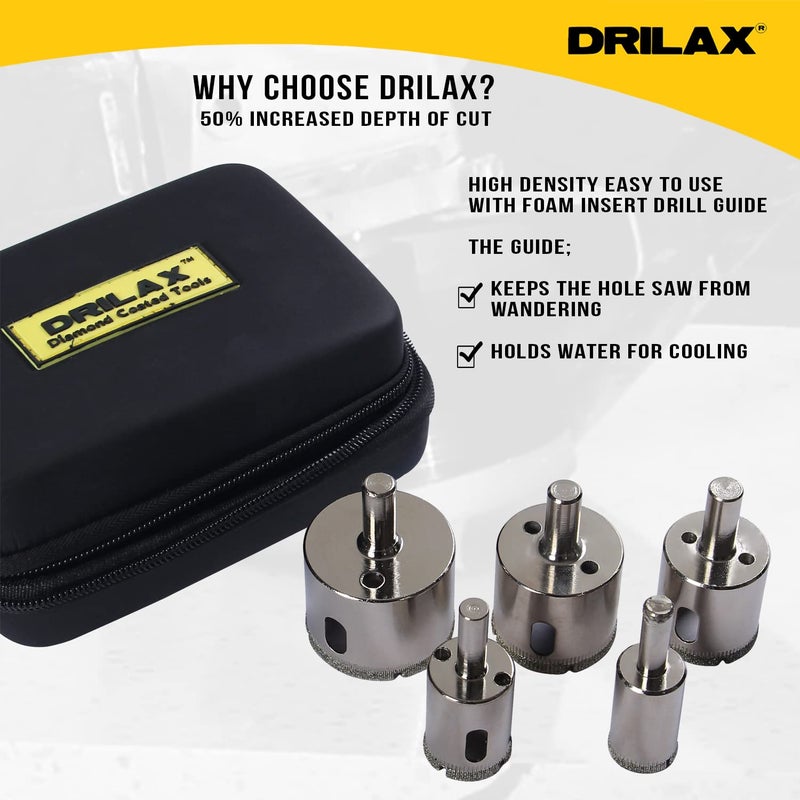 Drilax Diamond Drill Bits Set 5 Pcs 3/4 inch, 1 inch, 1-1/4 inch, 1-1/2 inch, 1-3/4 inch Tile Drill Bits Diamond Drill Bits for Ceramic Glass Drill Bit Diamond Hole Saw Kit with Drill Guide - Image 3