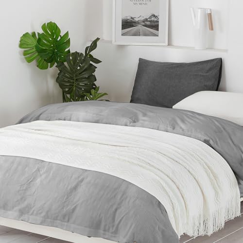 BOURINA Off White Throw Blanket 50x60 Inches Throw Textured Solid Soft Sofa Couch Decorative Knit Blanket - Image 3