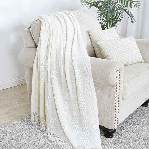 BOURINA Off White Throw Blanket 50x60 Inches Throw Textured Solid Soft Sofa Couch Decorative Knit Blanket - Image 4