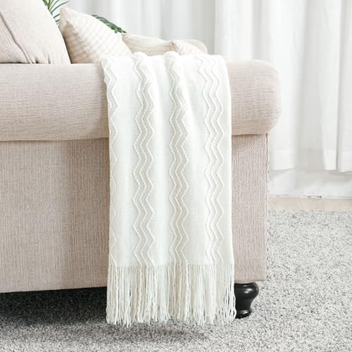 BOURINA Off White Throw Blanket 50x60 Inches Throw Textured Solid Soft Sofa Couch Decorative Knit Blanket - Image 2