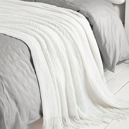 BOURINA Off White Throw Blanket 50x60 Inches Throw Textured Solid Soft Sofa Couch Decorative Knit Blanket - Image 5