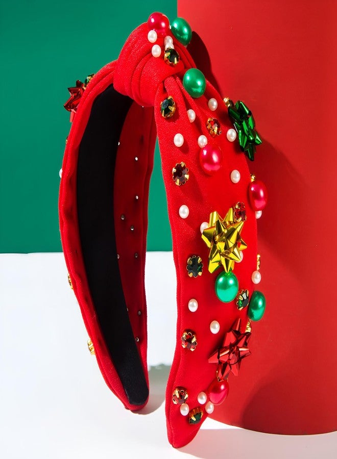 winthrop 2 Pack Christmas Headband for Women Pearl Rhinestone Crystal Jeweled Xmas Flower Embellished Ladies Wide Top Knot Red Green Makeup Hair Hoop Accessory Holiday Party Costume Decor Prezzie - Image 2