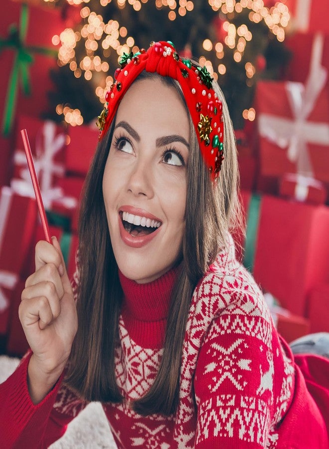 winthrop 2 Pack Christmas Headband for Women Pearl Rhinestone Crystal Jeweled Xmas Flower Embellished Ladies Wide Top Knot Red Green Makeup Hair Hoop Accessory Holiday Party Costume Decor Prezzie - Image 4