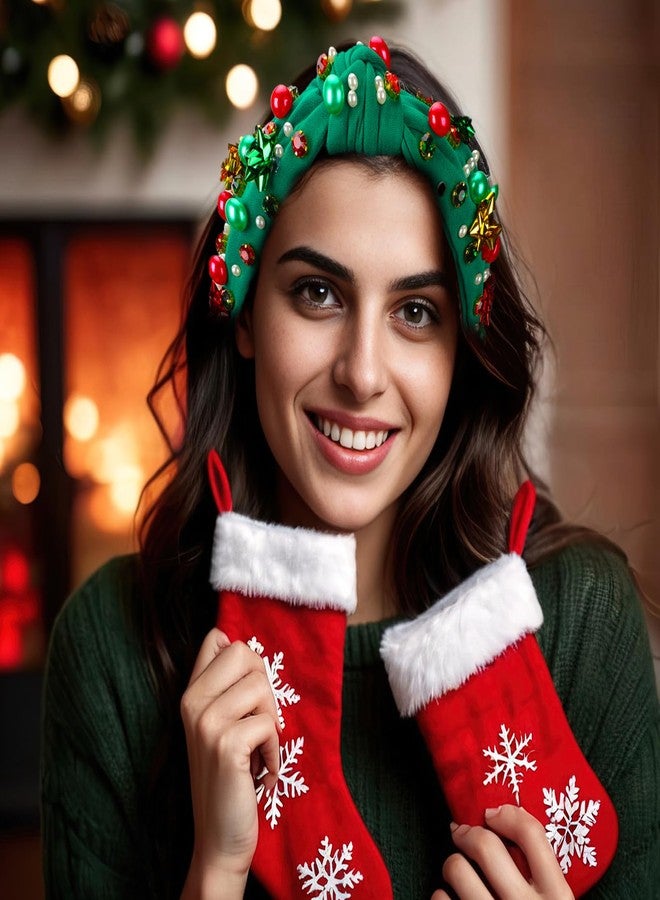 winthrop 2 Pack Christmas Headband for Women Pearl Rhinestone Crystal Jeweled Xmas Flower Embellished Ladies Wide Top Knot Red Green Makeup Hair Hoop Accessory Holiday Party Costume Decor Prezzie - Image 5