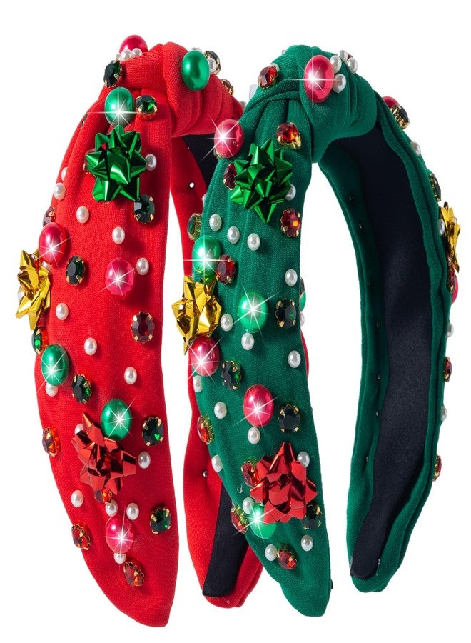winthrop 2 Pack Christmas Headband for Women Pearl Rhinestone Crystal Jeweled Xmas Flower Embellished Ladies Wide Top Knot Red Green Makeup Hair Hoop Accessory Holiday Party Costume Decor Prezzie - Image 1