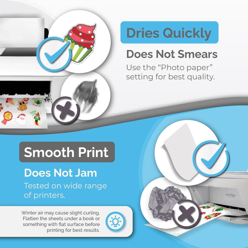 AgoDeo Premium Printable Vinyl Sticker Paper for Inkjet & Laser Printer - Self-Adhesive Sheets Glossy White Waterproof, Dries Quickly Vivid Colors, Holds Ink well- Tear Resistant (Glossy) - Image 5