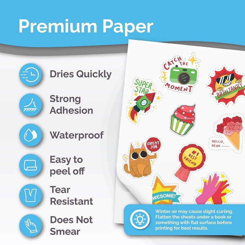 AgoDeo Premium Printable Vinyl Sticker Paper for Inkjet & Laser Printer - Self-Adhesive Sheets Glossy White Waterproof, Dries Quickly Vivid Colors, Holds Ink well- Tear Resistant (Glossy) - Image 2