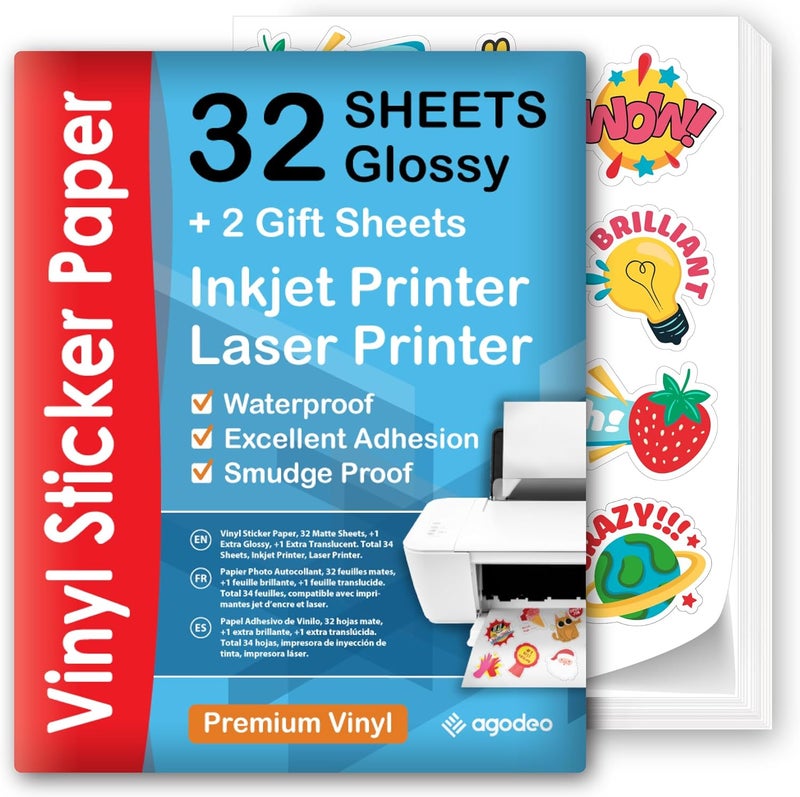 AgoDeo Premium Printable Vinyl Sticker Paper for Inkjet & Laser Printer - Self-Adhesive Sheets Glossy White Waterproof, Dries Quickly Vivid Colors, Holds Ink well- Tear Resistant (Glossy) - Image 1