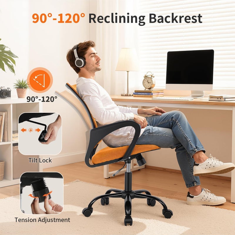 BestOffice Desk Mesh Computer Lumbar Support Modern Executive Adjustable Comfortable Mid Back Task Rolling Swivel Chair for Home Office, Orange - Image 5