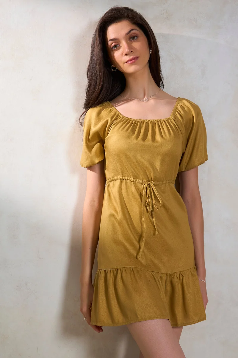 Virgio Virgio Square Neck Puff Sleeve Tie-Ups Tencel Fit & Flare Dress