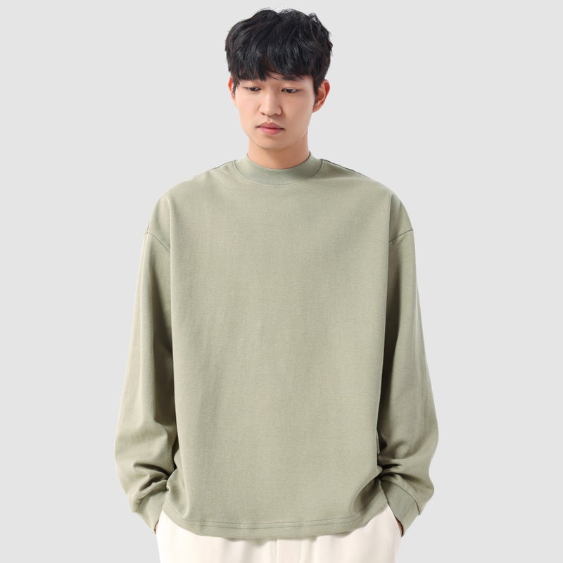 NINPURE fleece thickened 300G heavy solid color small neckline loose undershirt inner long-sleeved t-shirt for men and women - Image 1