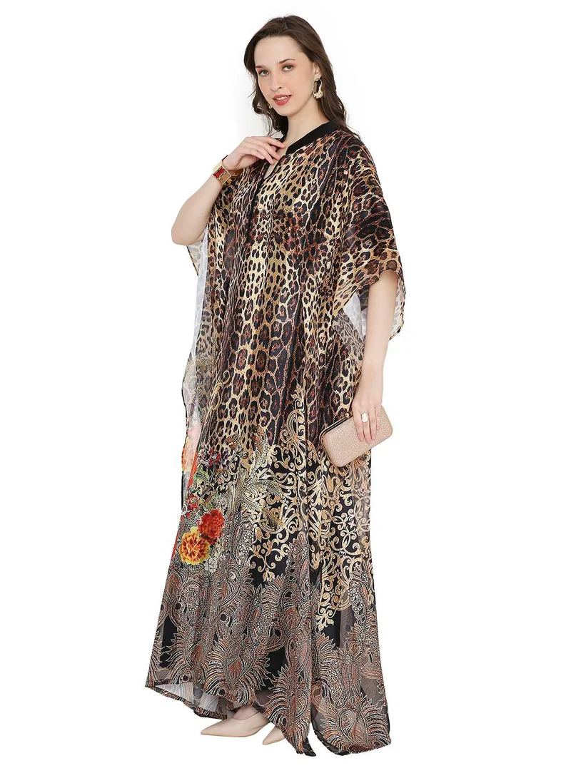 هانا آند سارا ELEGANT SATIN SILK STRIPE ANIMAL PRINTED FARASHA KAFTAN JALABIYA WITH HIGH NECK COLLAR