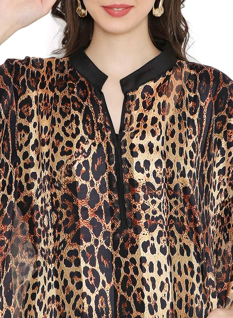 هانا آند سارا ELEGANT SATIN SILK STRIPE ANIMAL PRINTED FARASHA KAFTAN JALABIYA WITH HIGH NECK COLLAR
