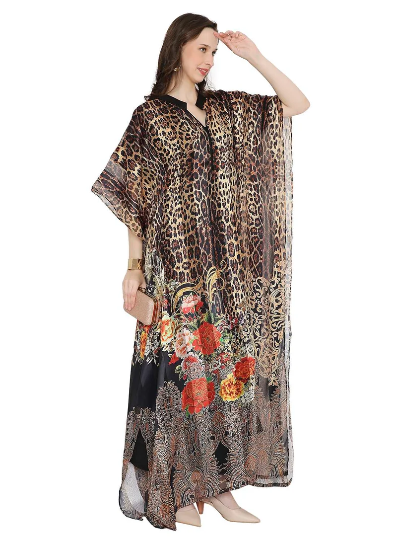 هانا آند سارا ELEGANT SATIN SILK STRIPE ANIMAL PRINTED FARASHA KAFTAN JALABIYA WITH HIGH NECK COLLAR
