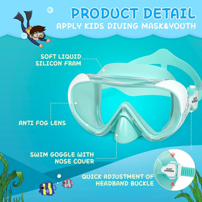 EXP VISION Kinder Taucherbrille, Kinder-Schwimmmaske 180 Anti-Fog-Tauchmaske, Kinder-Schwimmbrille mit Nasenabdeckung Auslaufsichere Schwimmbrille Anti-Shattered Lens fr Jugendliche 4-15 - Image 3