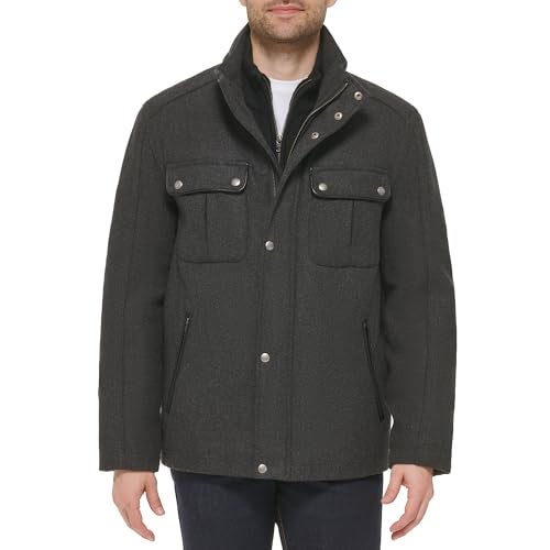 Cole Haan Signature Men's Wool Melton Stand Collar Jacket with Patch Pockets, Charcoal, Large - Image 2