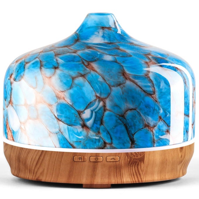 500ML GLASS ESSENTIAL OIL DIFFUSER AROMATHERAPY ULTRASONIC COOL MIST HUMIDIFIER 1521 RUNNING HOURS WATERLESS AUTOOFF AIR DIFFUSERS FOR SLEEPING YOGA OFFICE WORKING SPA AND REST LIGHT BLUE