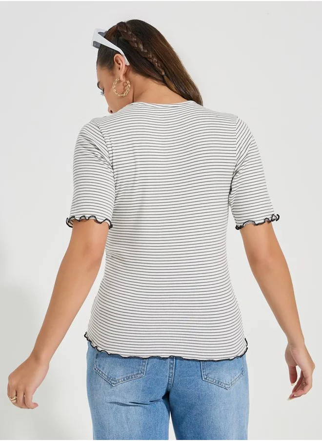 Styli Striped Lettuce Edge Detail Knit Top