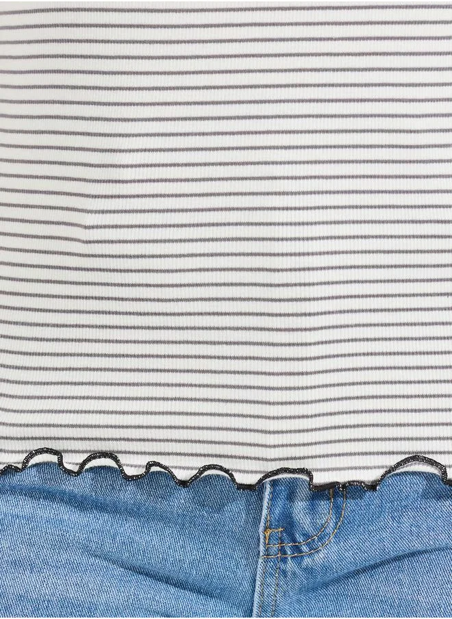 Styli Striped Lettuce Edge Detail Knit Top