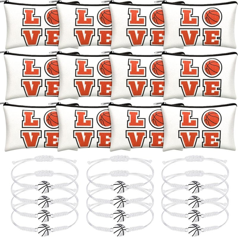 Kajaia 12 Pcs Basketball Makeup Bag for Girls and 12 Pcs Adjustable Basketball Bracelets, Portable Bag with Zippers Cord Braided Charms Party Favors(White)