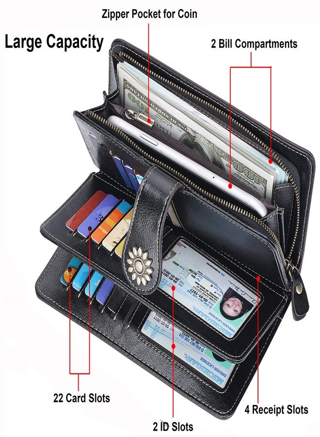Lavemi Womens Large Capacity Genuine Leather RFID Blocking Wallets Wristlet Clutch Card Holder(Black-1) - Image 5