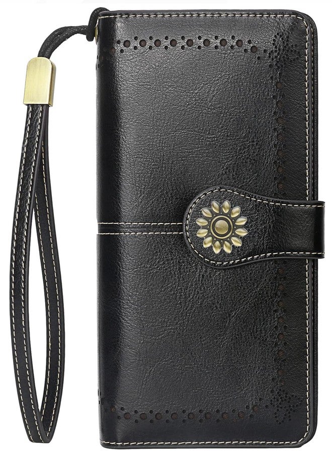 Lavemi Womens Large Capacity Genuine Leather RFID Blocking Wallets Wristlet Clutch Card Holder(Black-1) - Image 2