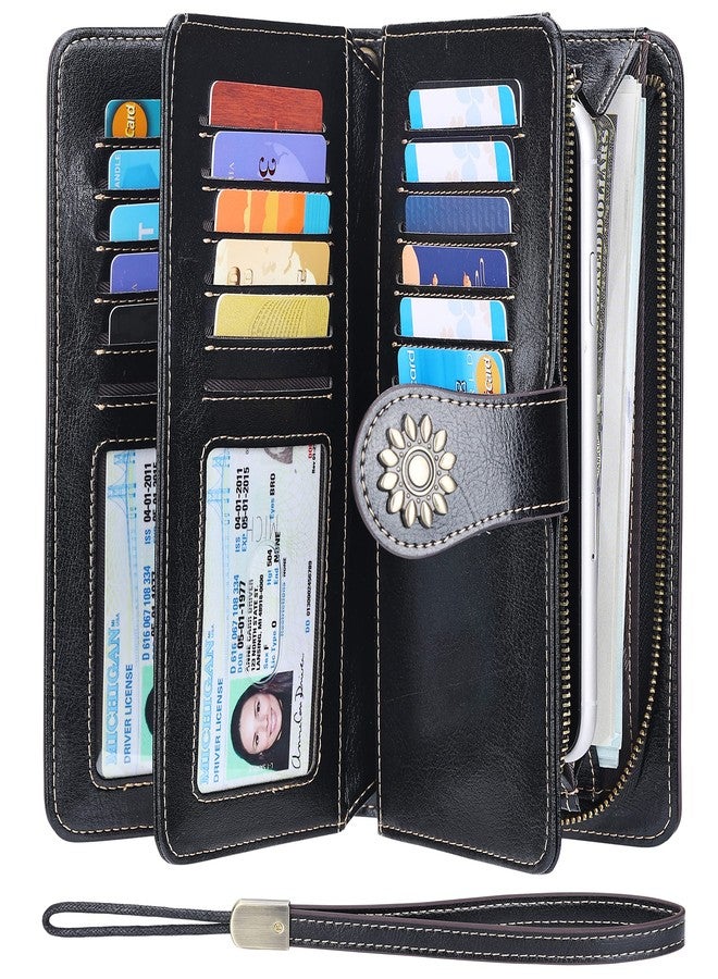 Lavemi Womens Large Capacity Genuine Leather RFID Blocking Wallets Wristlet Clutch Card Holder(Black-1) - Image 1