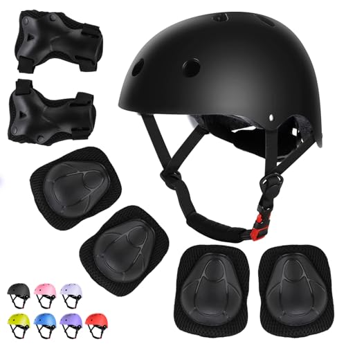 WayEee Kids Bike Helmet Set Skateboard Knee Pads, Helmet Pad Set Protective Gear Set, Adjustable for Girls Kids 3-10 Helmet Elbow Pads Wrist Guards for Sport Cycling Bike Roller Skating Scooter-Black - Image 1