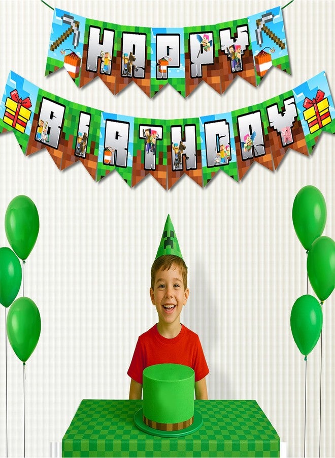 IndoTribe Pixel Happy Birthday Banner Pre-strung - 10 Ft Video Game Birthday Decorations Pixel Bday Decorations Miner Backdrop Gaming Birthday Party Decorations Gamer Party Decorations - Image 4