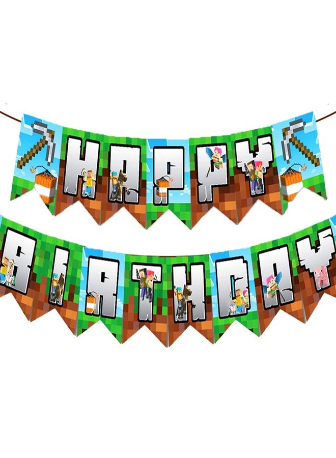 IndoTribe Pixel Happy Birthday Banner Pre-strung - 10 Ft Video Game Birthday Decorations Pixel Bday Decorations Miner Backdrop Gaming Birthday Party Decorations Gamer Party Decorations - Image 1