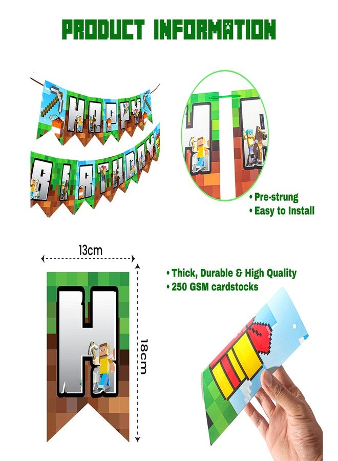 IndoTribe Pixel Happy Birthday Banner Pre-strung - 10 Ft Video Game Birthday Decorations Pixel Bday Decorations Miner Backdrop Gaming Birthday Party Decorations Gamer Party Decorations - Image 3