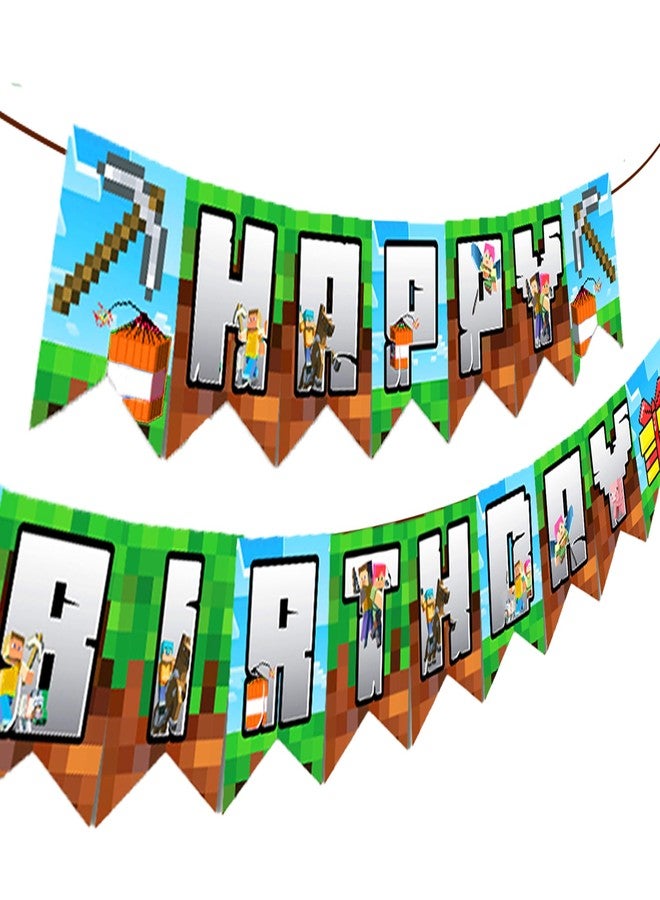 IndoTribe Pixel Happy Birthday Banner Pre-strung - 10 Ft Video Game Birthday Decorations Pixel Bday Decorations Miner Backdrop Gaming Birthday Party Decorations Gamer Party Decorations - Image 2