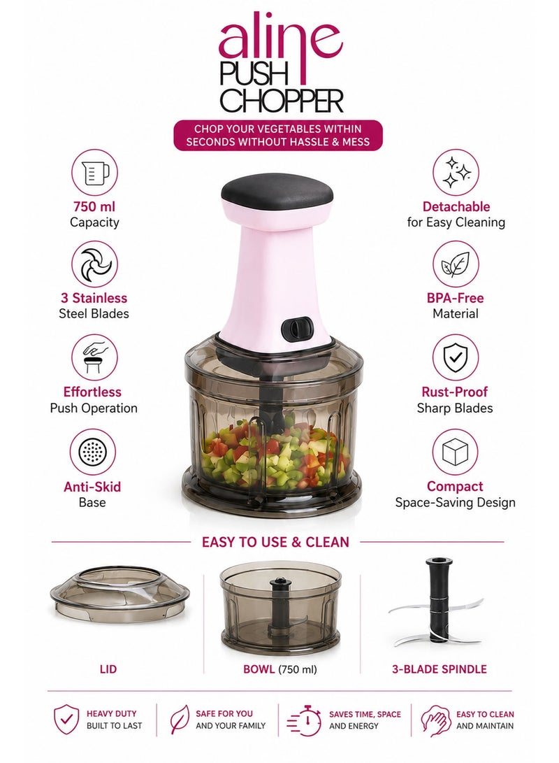 Manual Food Chopper 750ML with Hand Press Push System – Vegetable, Onion & Salad Chopper, Stainless Steel Blade Push Chopper for Fruits, Herbs & Meal Prep - Image 5