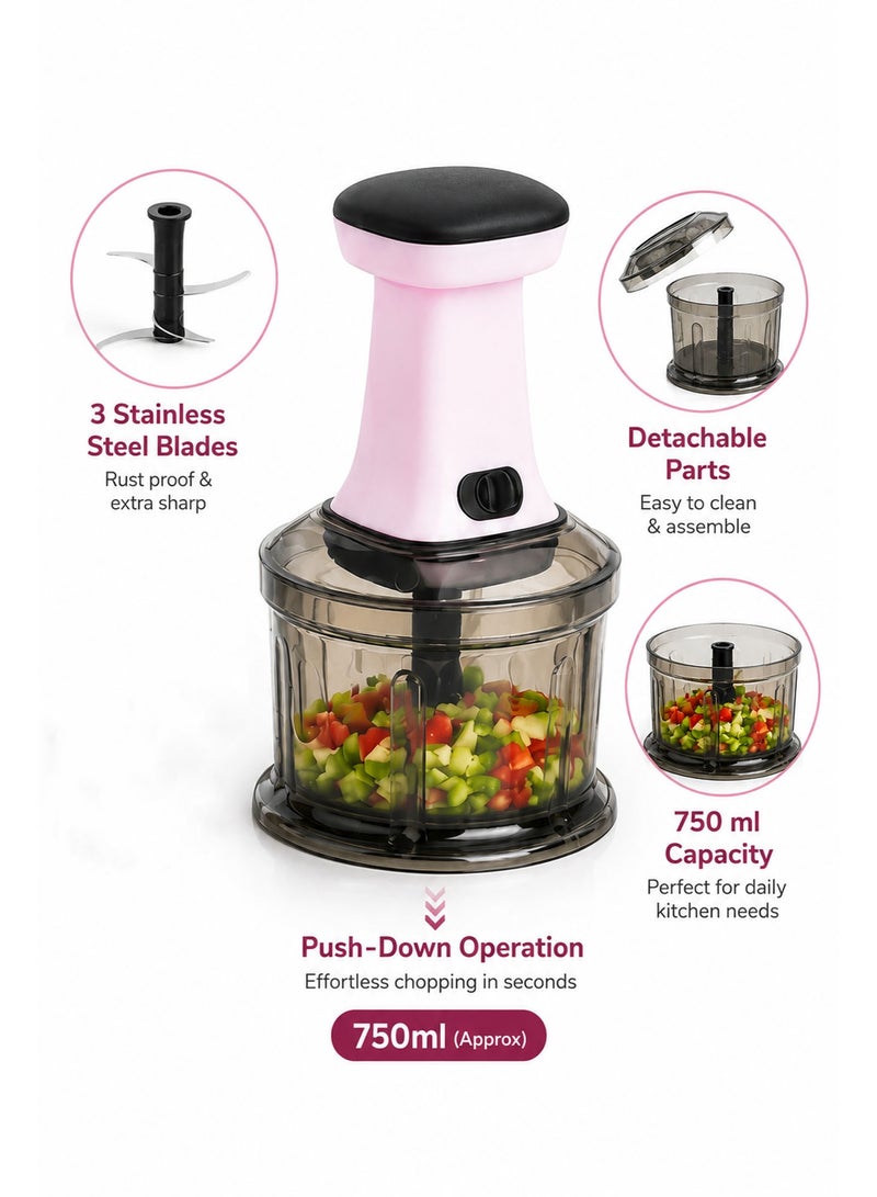 Manual Food Chopper 750ML with Hand Press Push System – Vegetable, Onion & Salad Chopper, Stainless Steel Blade Push Chopper for Fruits, Herbs & Meal Prep - Image 2