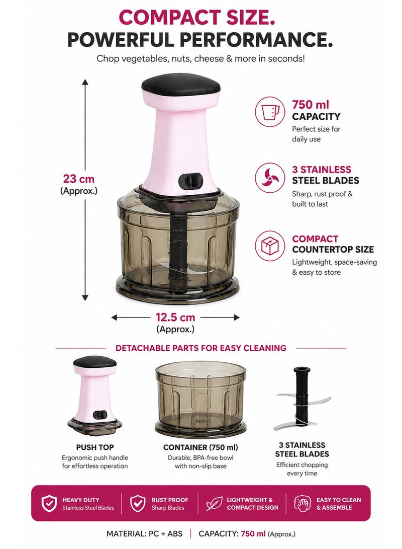 Manual Food Chopper 750ML with Hand Press Push System – Vegetable, Onion & Salad Chopper, Stainless Steel Blade Push Chopper for Fruits, Herbs & Meal Prep - Image 3