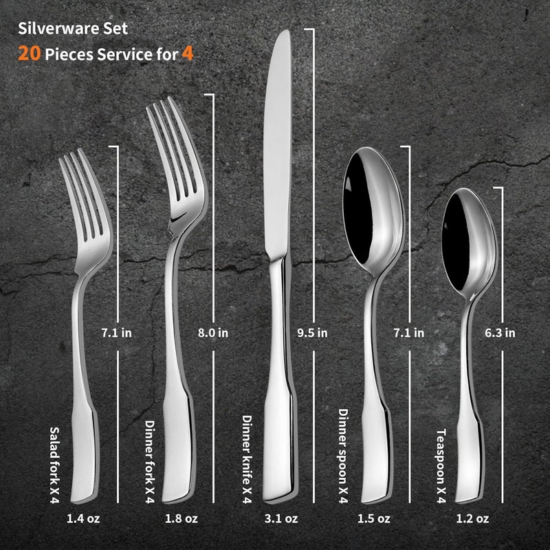 Alata Kate 20Piece Silverware Set Stainless Steel Flatware SetService for 4Mirror Polished Cutlery SetDishwasher Safe - Image 5