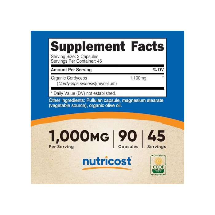 Nutricost Cordyceps Mushroom Capsules 1100mg, 45 Serv - CCOF Certified Made with Organic, Vegetarian, Gluten Free, 550mg Per Capsule (90 Capsules) - Image 2