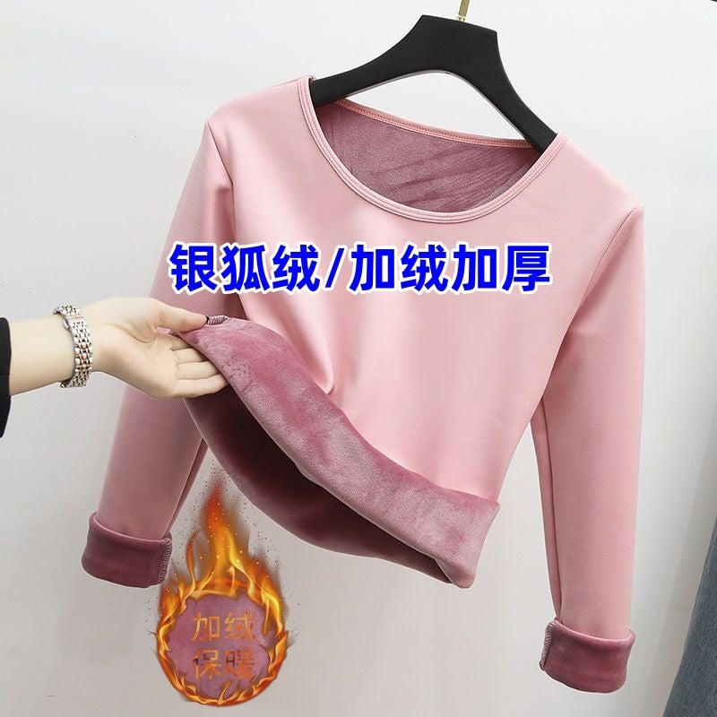 Silver Fox velvet fleece-lined thickened round neck T-shirt womens winter thermal top underwear body-shaping 37 degrees constant temperature bottoming shirt Pink [fleece-lined thickening]]