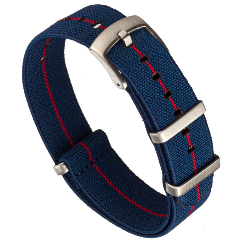 Benchmark Basics Elastic Watch Band Parachute Nylon OnePiece Military Style Watch Straps for Men Women 22mm Navy BlueRed Striped