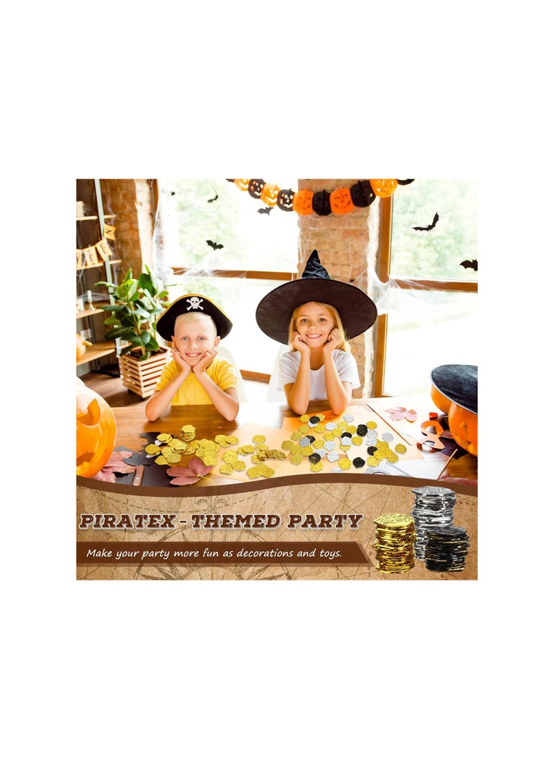 null - 300 Pcs Pirate Gold Coins - Plastic Doubloons for Kids' Play, Treasure Chest Games, Party Bag Stuffers, Stage Props in Gold, Silver, and Bronze (Irregular) - Image 1
