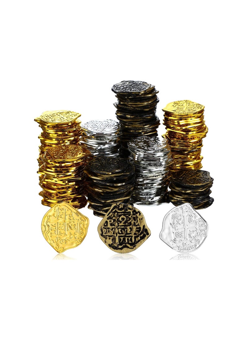 null - 300 Pcs Pirate Gold Coins - Plastic Doubloons for Kids' Play, Treasure Chest Games, Party Bag Stuffers, Stage Props in Gold, Silver, and Bronze (Irregular) - Image 1