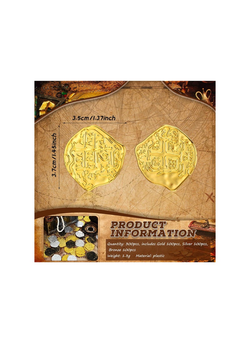 null - 300 Pcs Pirate Gold Coins - Plastic Doubloons for Kids' Play, Treasure Chest Games, Party Bag Stuffers, Stage Props in Gold, Silver, and Bronze (Irregular) - Image 1