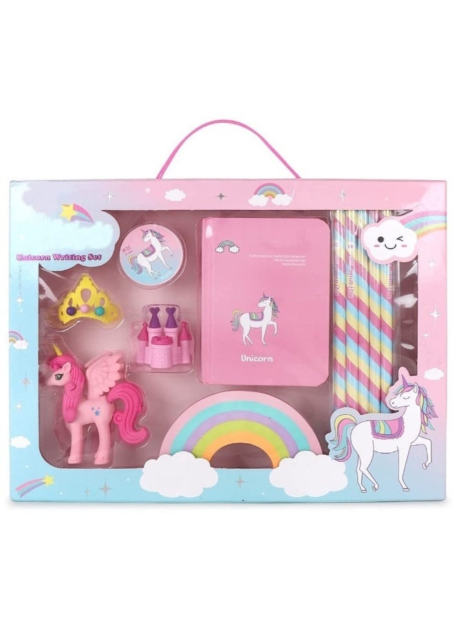 ENTERPRISE Unicorn Stationery Writing Set - Unicorn Diary, Pencils, Sharpener, Unique Erasers for Girls Ages 4-11 Years Old Birthday Party Return Gift Set for Girls Kids (11 Pcs)