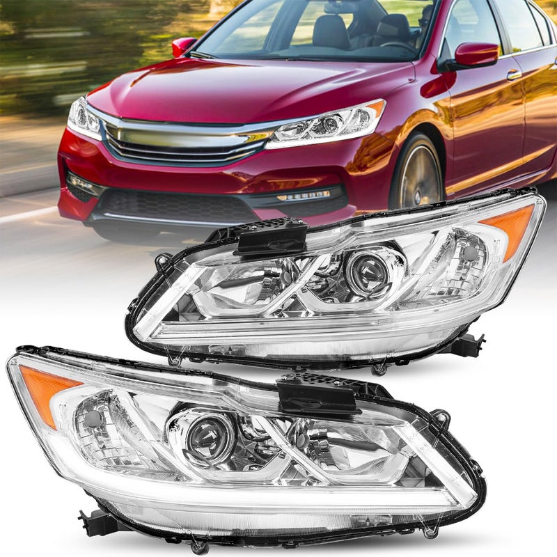 JSBOYAT LED DRL Headlight Assembly Pair for 20162017 Honda Accord Sedan OEM Projector Headlamp Replacement Chrome Housing with Amber Reflector Driver Passenger Side