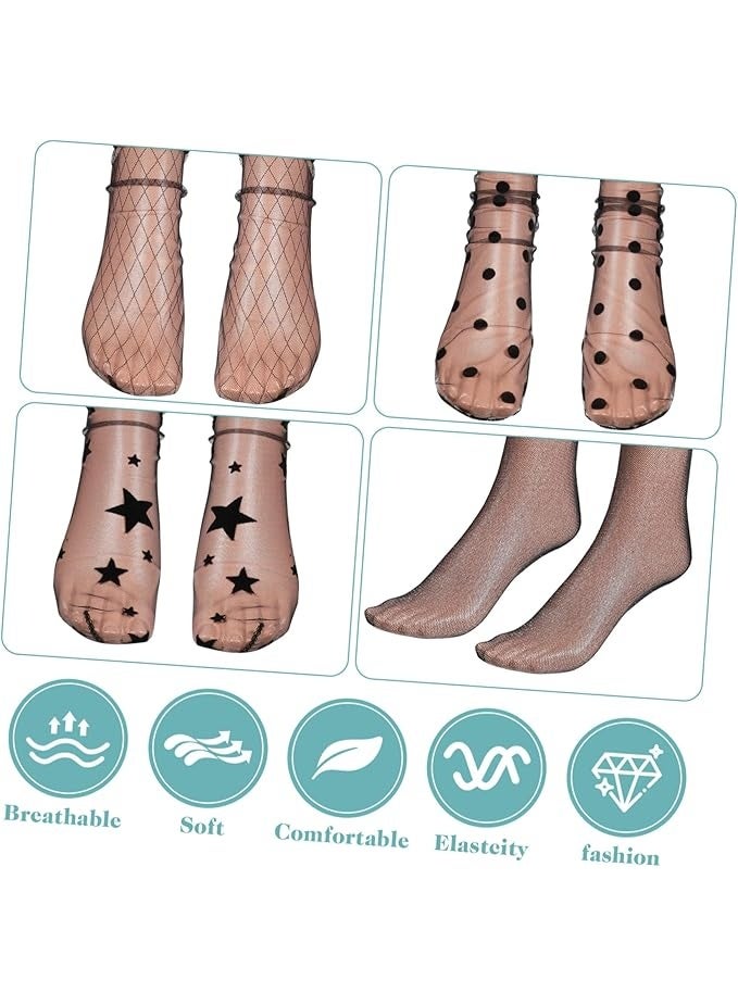 BESTOYARD 4 Pairs Women Ankle High Socks Sheer Slouch Socks Transparent Lace Socks, Black, Medium - Image 4