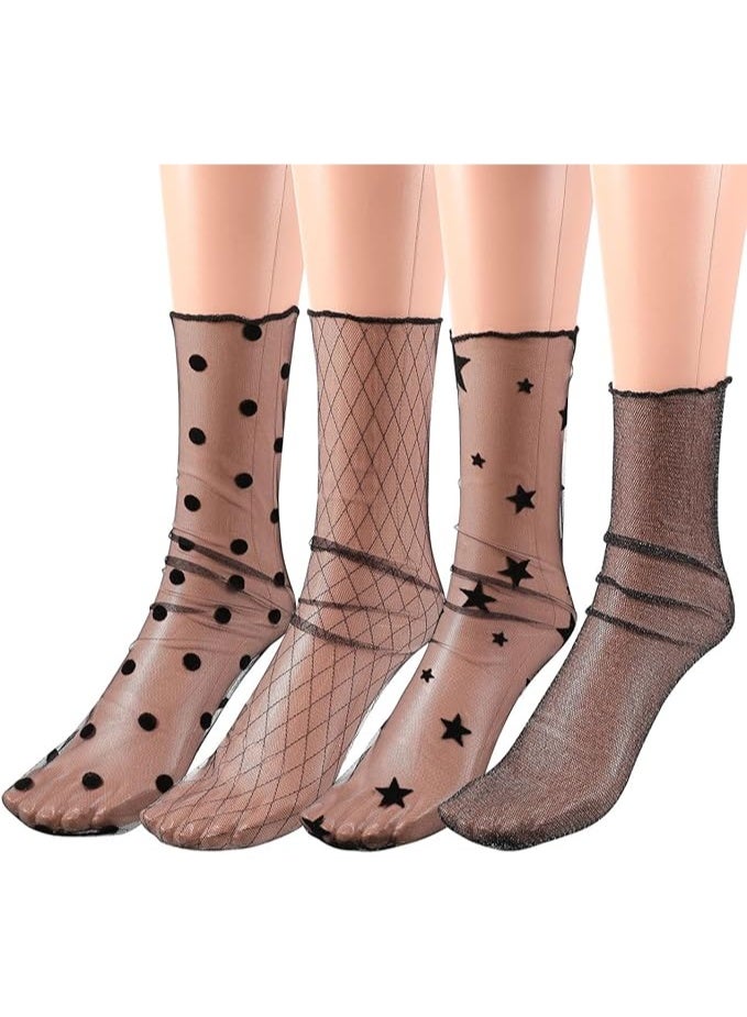 BESTOYARD 4 Pairs Women Ankle High Socks Sheer Slouch Socks Transparent Lace Socks, Black, Medium - Image 1
