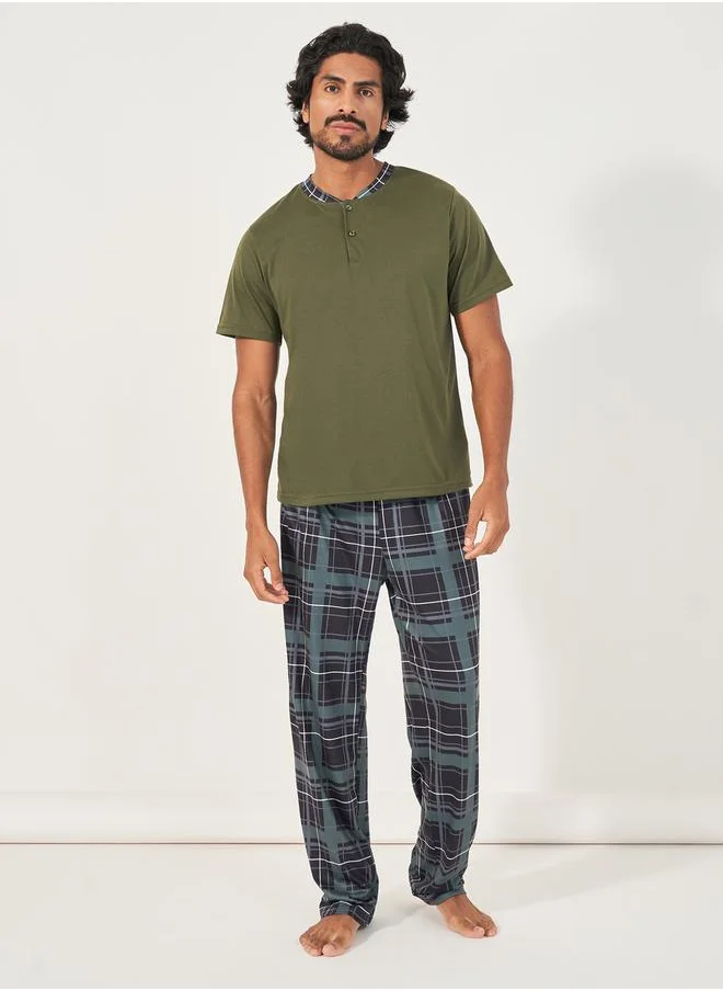 Styli Contrast Placket Henley Neck T-Shirt & Checkered Pyjama Set