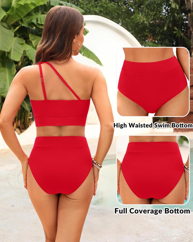 Yonique Two Piece High Waisted Swimsuits for Women - One Shoulder Bikini Tummy Control Bathing Suit 2025 Full Coverage Swimwear Red Large - Image 5