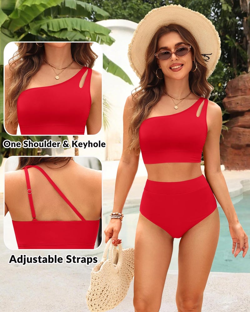 Yonique Two Piece High Waisted Swimsuits for Women - One Shoulder Bikini Tummy Control Bathing Suit 2025 Full Coverage Swimwear Red Large - Image 4