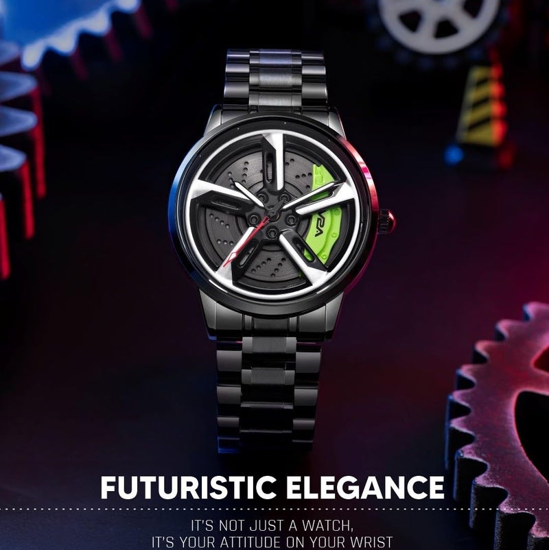V2A Vortex Men's Car Spinning Wheels Watch for Men– Round Alloy Case with Stainless Steel Band | Analog Timepiece | Bold Sports Watch for Car Enthusiasts (Black-Green) - Image 2